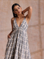 Thumbnail for trueBrowns Grey Dabu Buta Print Cotton Sleeveless Dress - Distacart