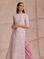 Thumbnail for trueBrowns Pink Green Floral On White Block Print Cotton Slit Kurta Pant Set | Relove