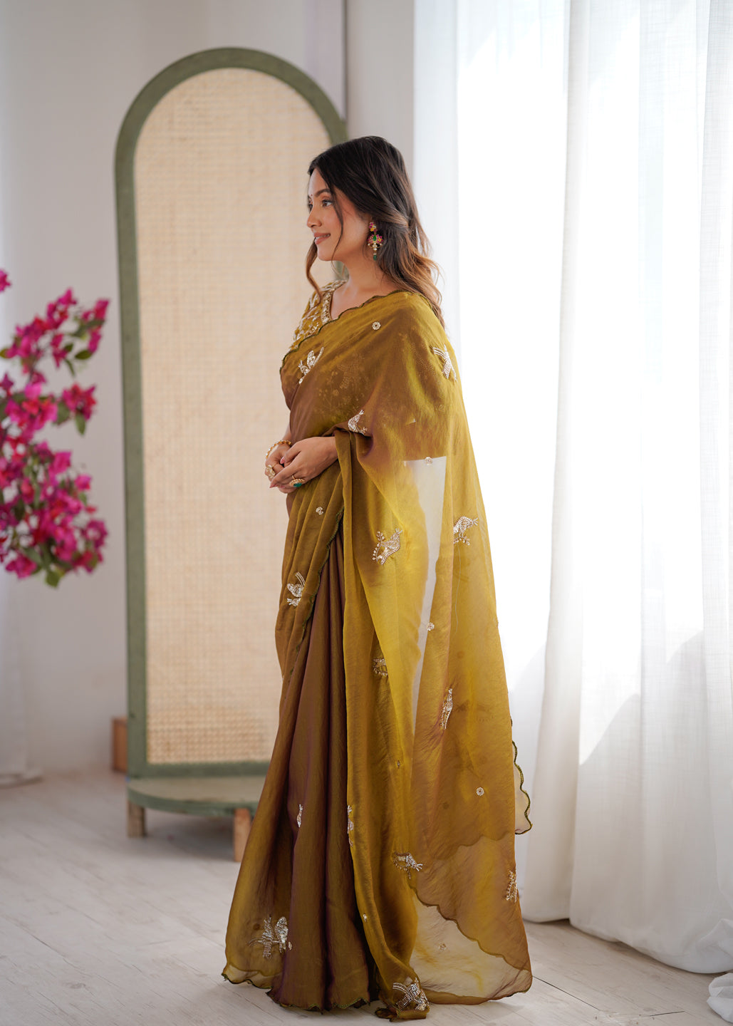 Evanik Mehendi Mos Silk With Handwork Butterfly Design Saree With Unstitched Blouse