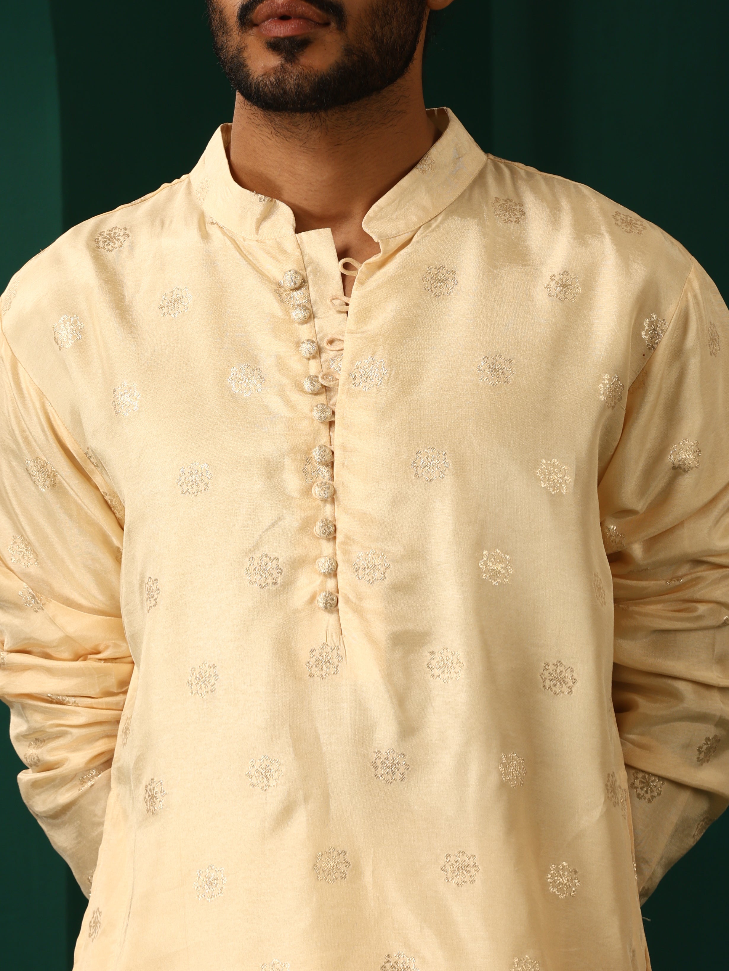 trueBrowns Men's Ivory Geometric Floral Viscose Silk Long Kurta - Distacart