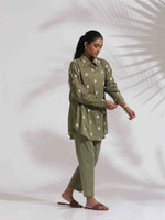Thumbnail for trueBrowns Olive Green Cotton Floral Embroidered Co-ord Set