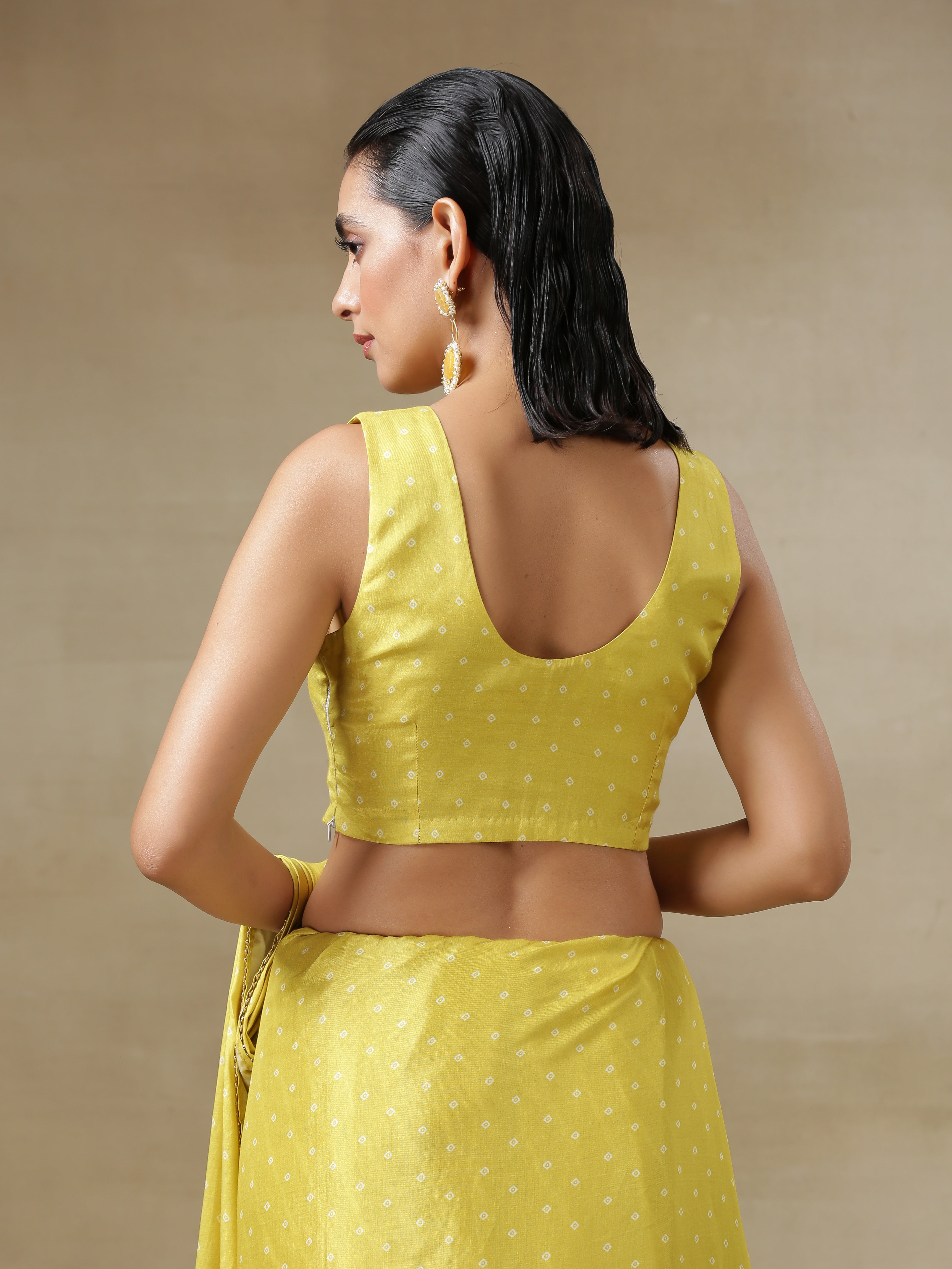 trueBrowns Lime Green Bandhani Printed Silk Sleeveless Blouse - Distacart