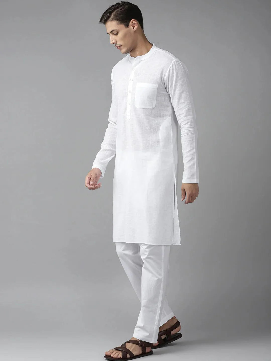 Fabmade Men White Cotton Linen Kurta Pyjama