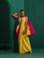Thumbnail for trueBrowns Lime Yellow Pink Muslin Silk Ready to Wear Saree - Distacart