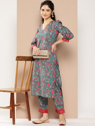 Ahalyaa Women Floral Printed Regular Gotta Patti Kurta with Trousers - Distacart