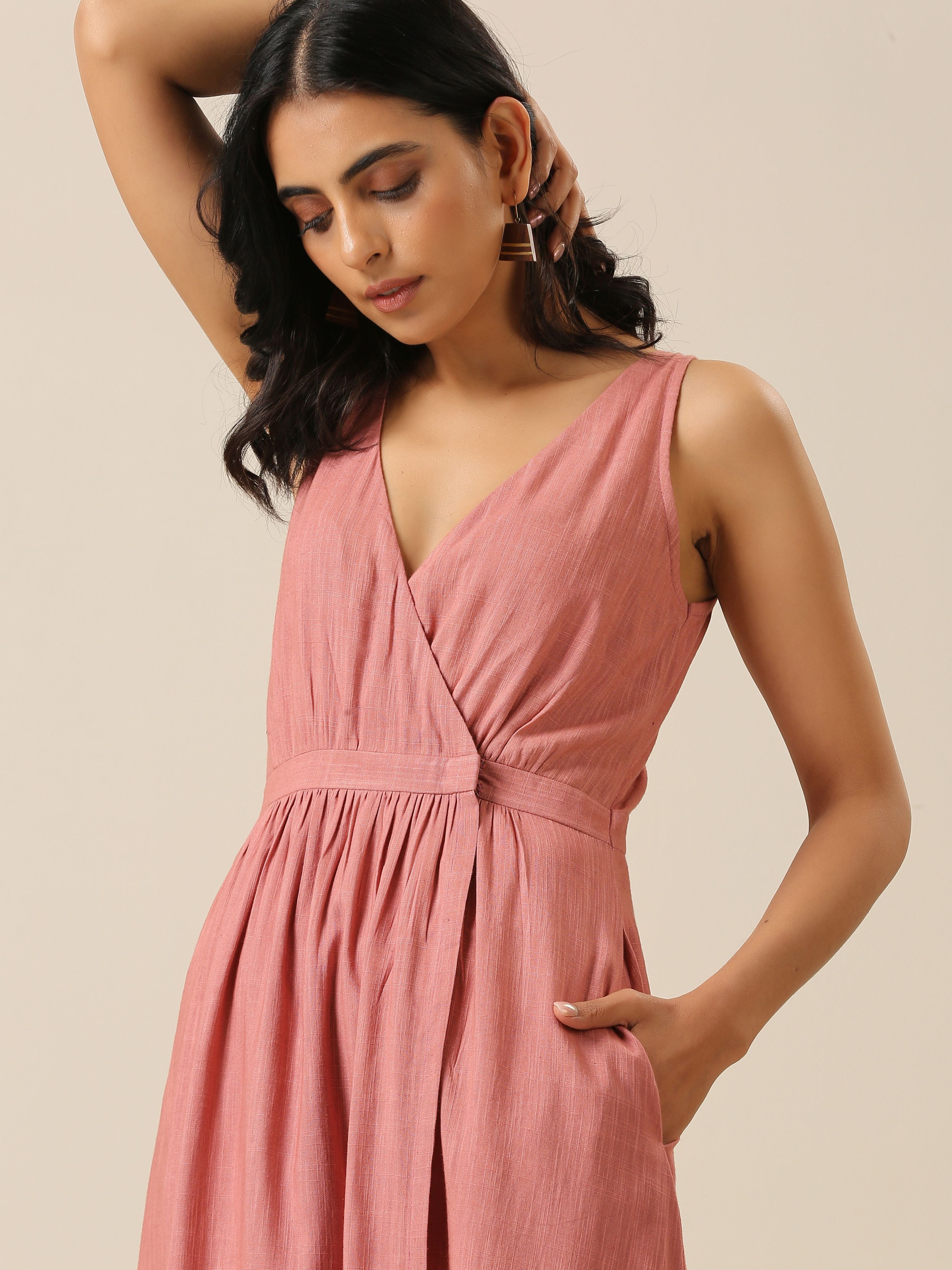 trueBrowns Light Mauve Slub Texture Sleeveless Wrap Dress - Distacart