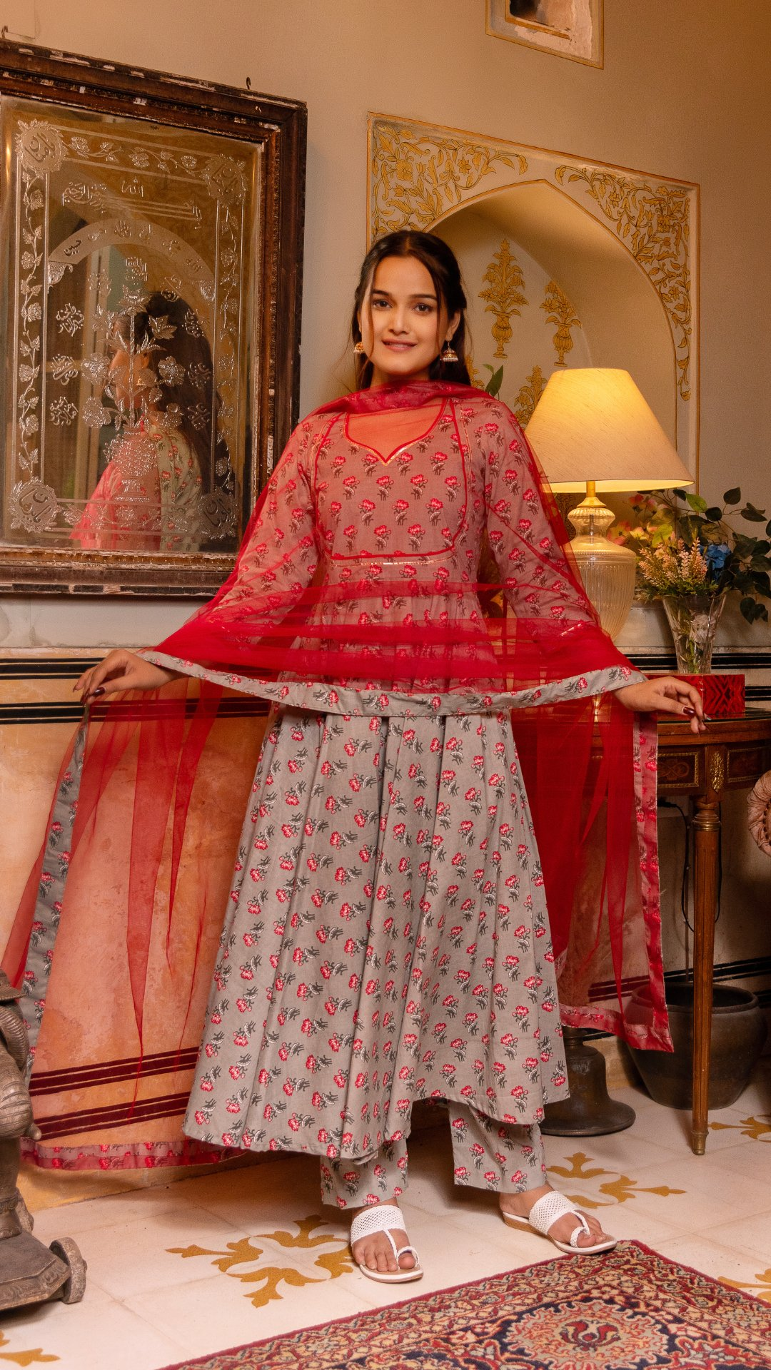 Pomcha Jaipur Gaurangi Grey Phool Jaal Cotton Anarkali Set - Distacart