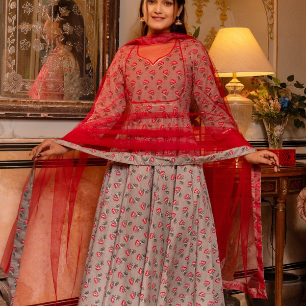 Pomcha Jaipur Gaurangi Grey Phool Jaal Cotton Anarkali Set - Distacart