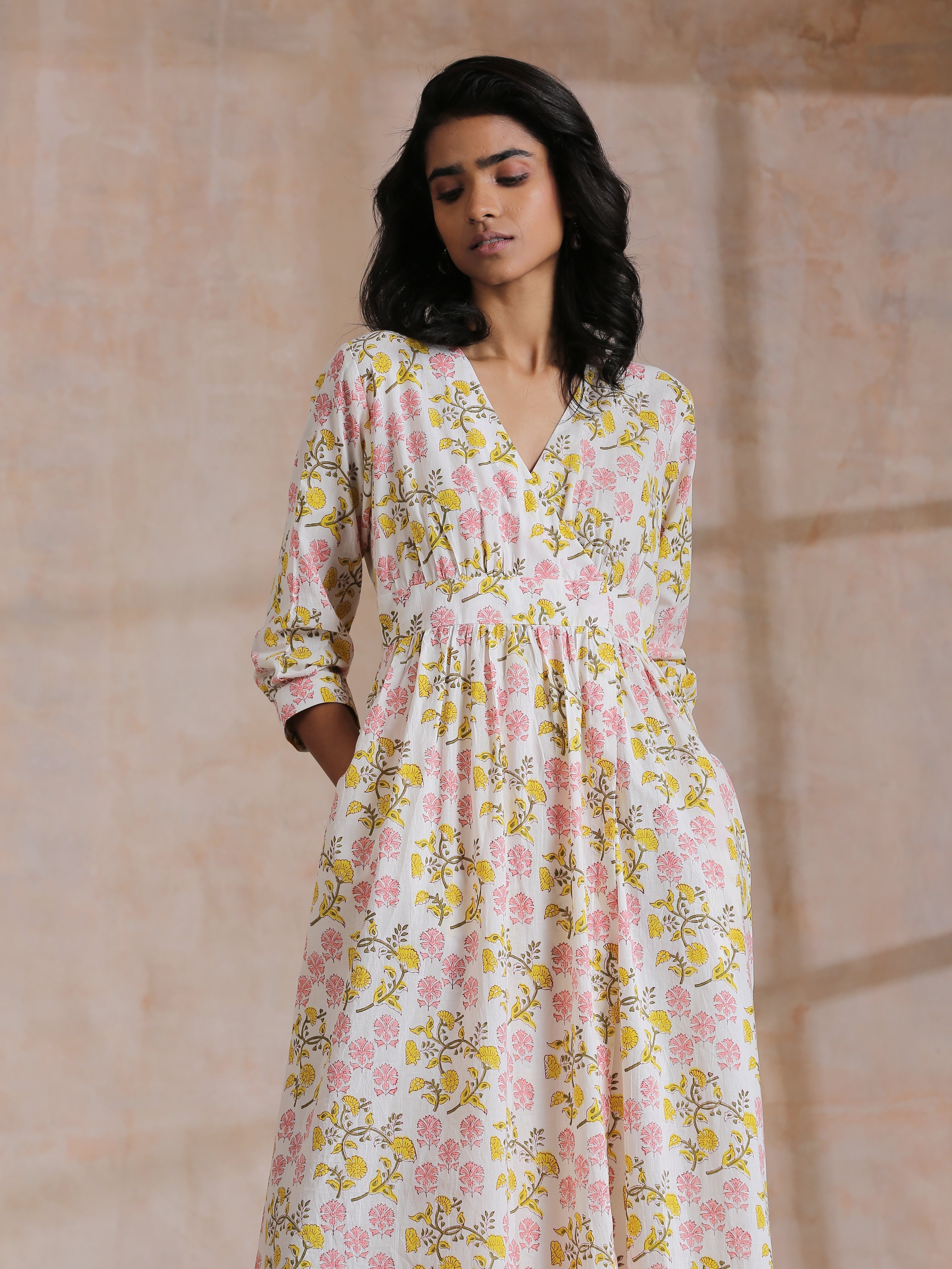 trueBrowns Pink Yellow Floral On White Block Print Cotton Wrap Dress | Relove