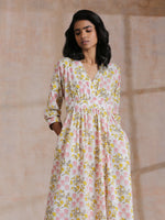 Thumbnail for trueBrowns Pink Yellow Floral On White Block Print Cotton Wrap Dress | Relove