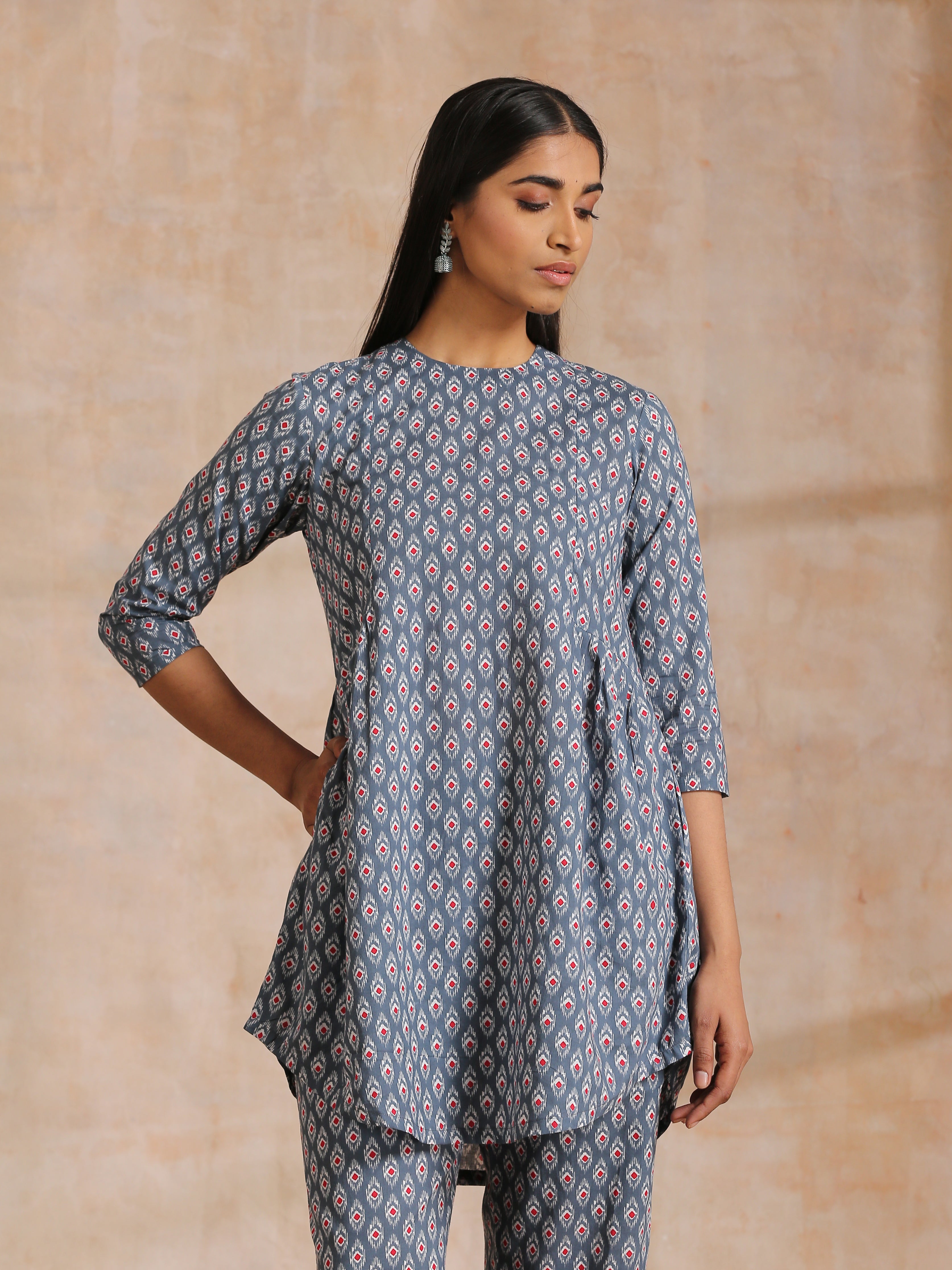 trueBrowns Steel Grey Ikat Print Cotton Gathers Co-Ord Set - Distacart