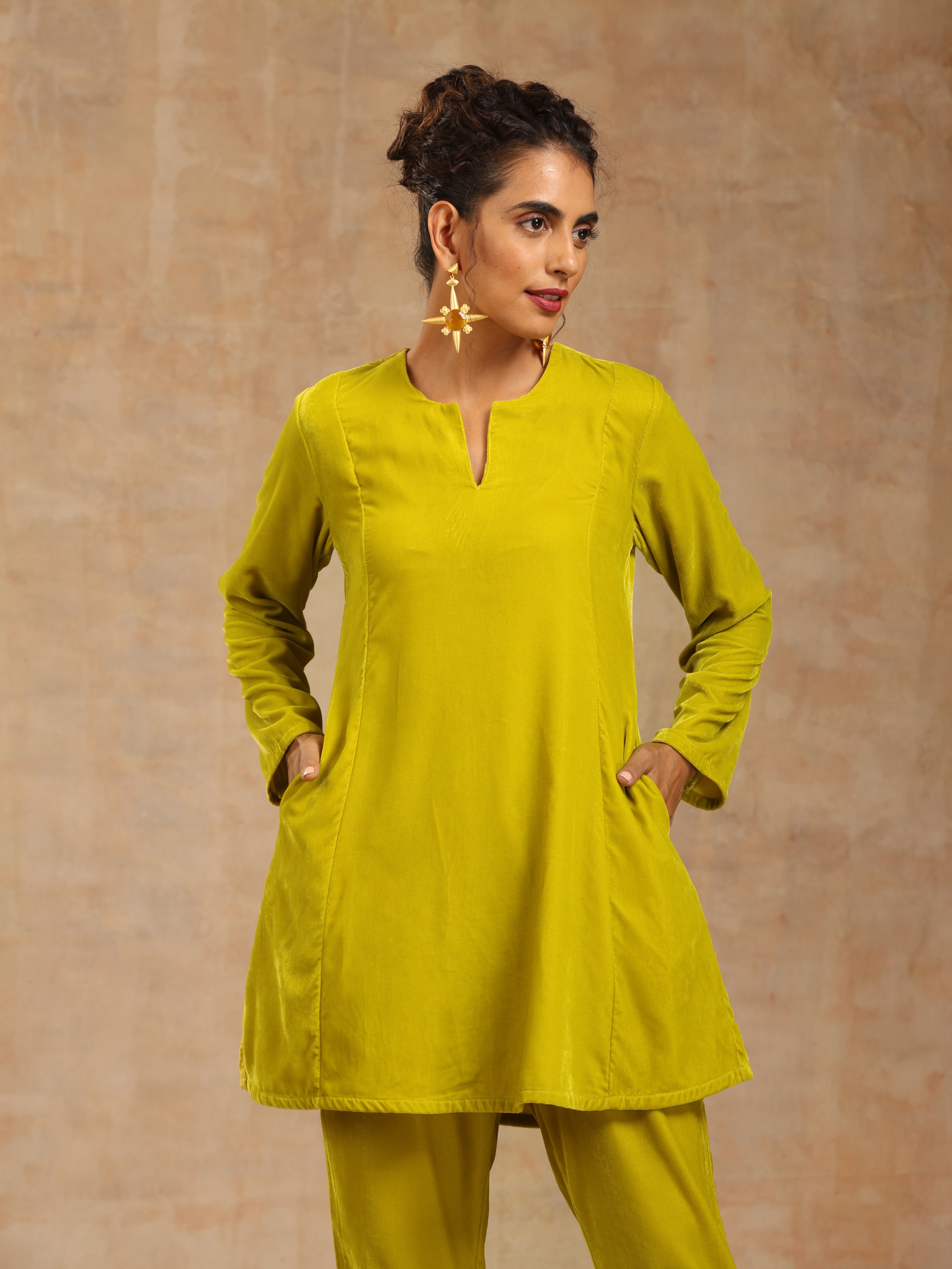 trueBrowns Lime Velvet Solid Co-ord Set - Distacart