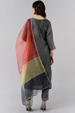Thumbnail for Ahika Grey Poly Silk Embroidered Straight Suit Set