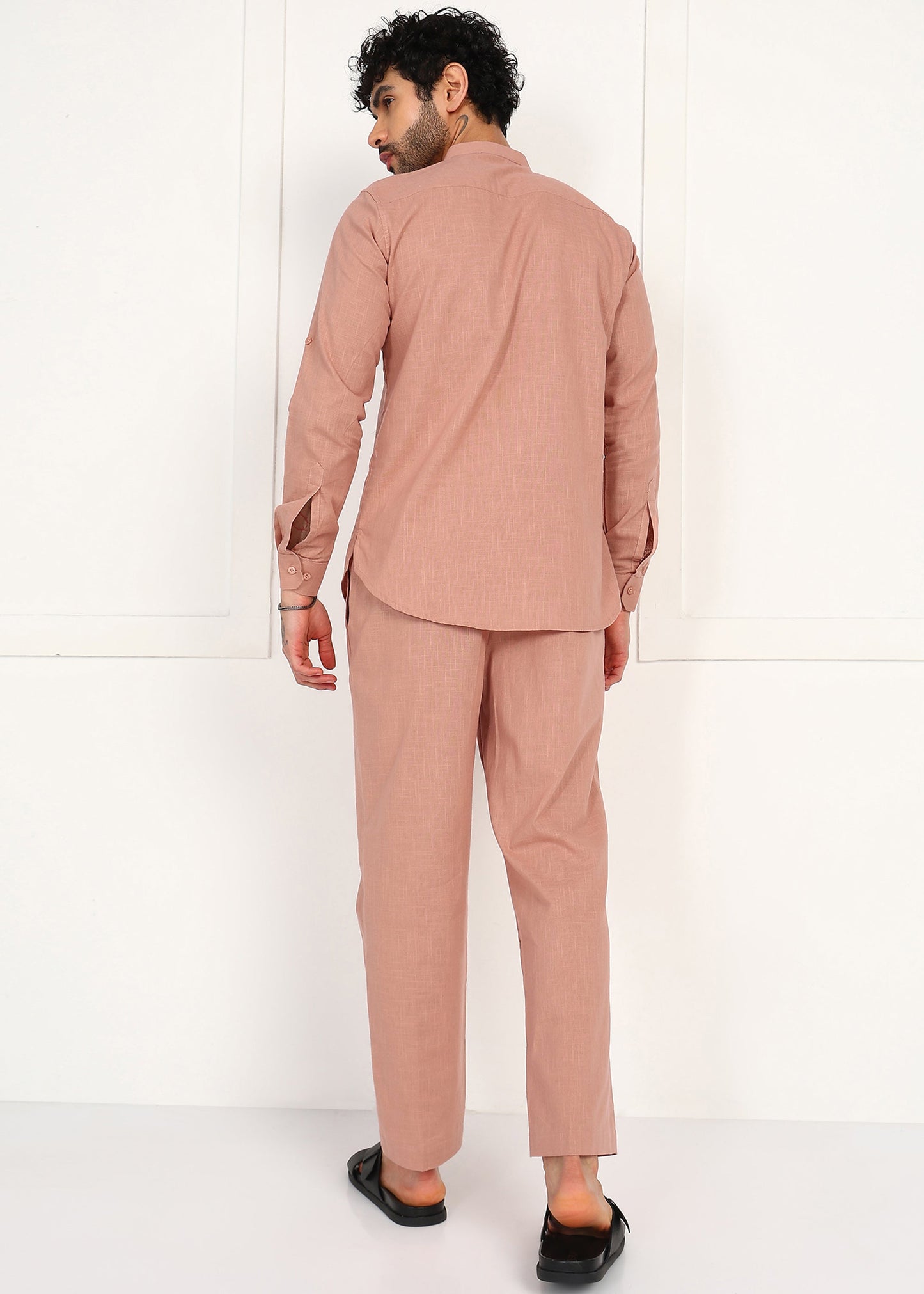 Fabmade Men’S Peach Linen Short Kurta Set - Distacart