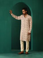 Thumbnail for trueBrowns Men's Off White Circle Floral Muslin Silk Printed Long Kurta - Distacart