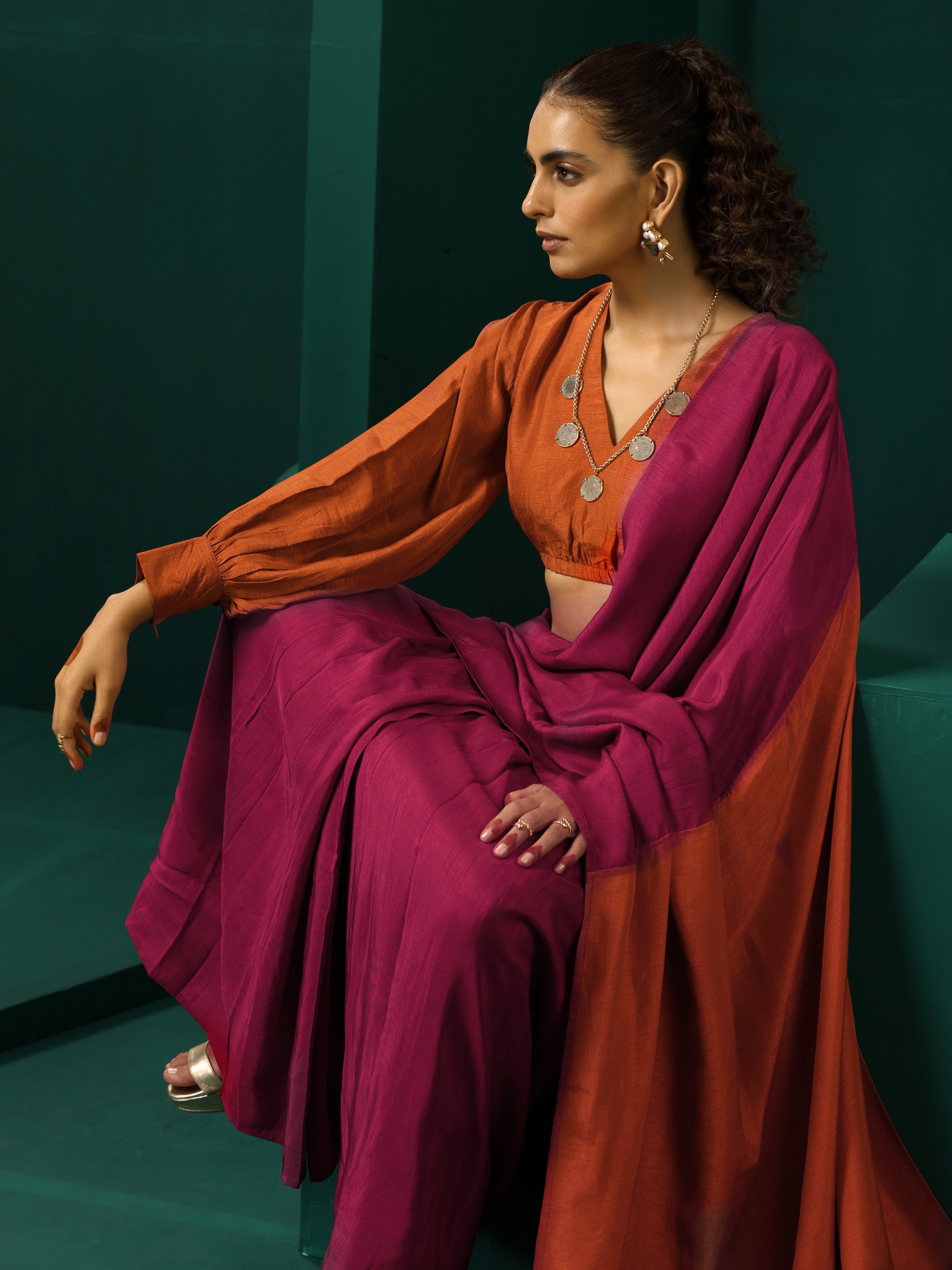 trueBrowns Maroon Rust Silk Ready To Wear Saree - Distacart