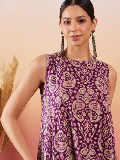 InWeave Dusty Mauve Paisley Round Neck Kurta Short Palazzo Set - Distacart