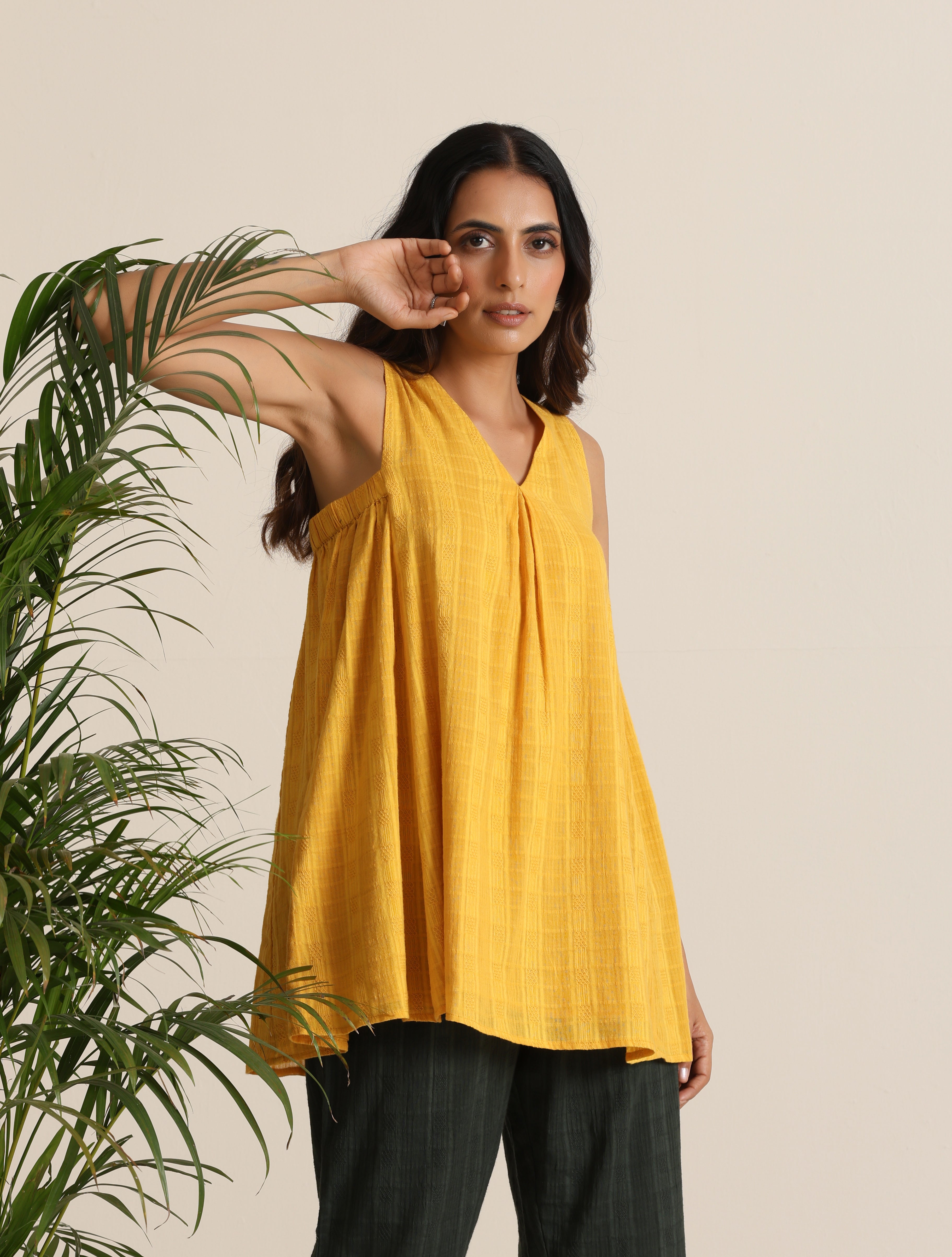 trueBrowns Mustard Cotton Dobby Sleeveless Co-ord Set
