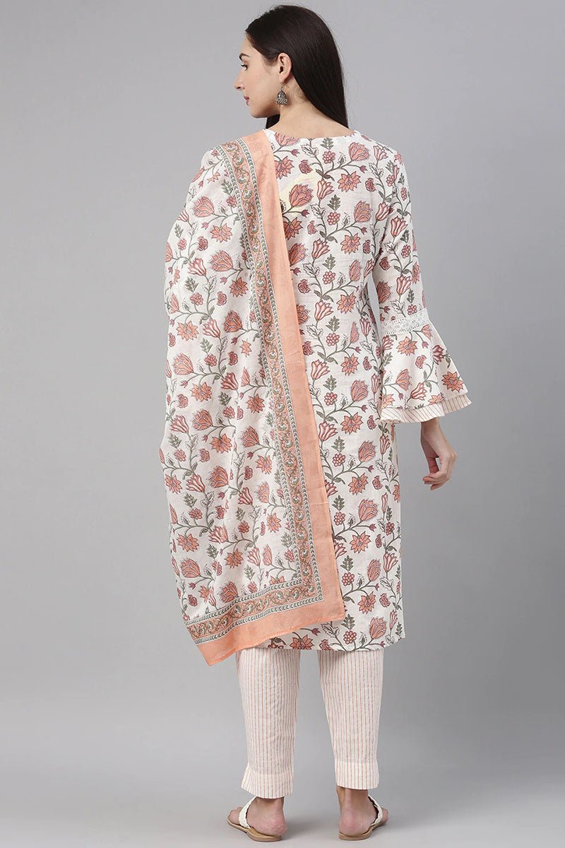 Ahika White Cotton Floral Printed Straight Suit Set vkskd1123