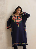 Thumbnail for trueBrowns Blue Floral Embroidered Woollen Phiran Kurta - Distacart