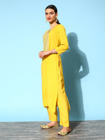 Thumbnail for Varanga Yellow Embroidered Kurta With Trouser And Embroidered Dupatta