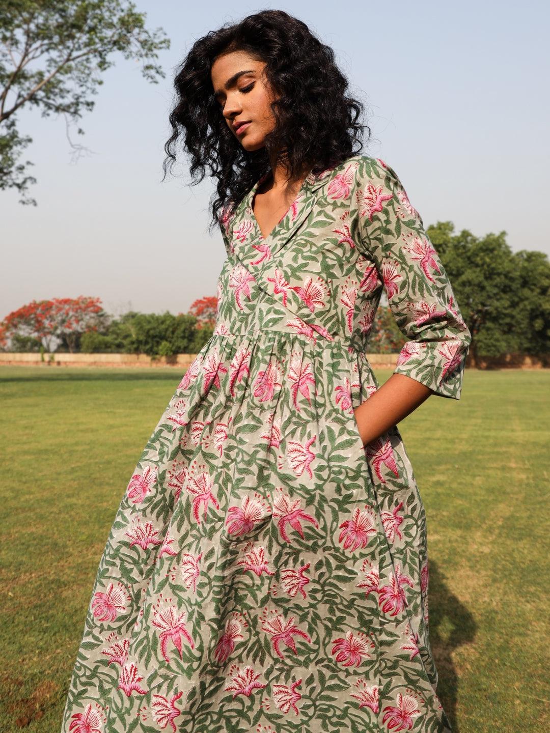 trueBrowns Sage Cotton Block Print Lapel Collared Dress - Distacart