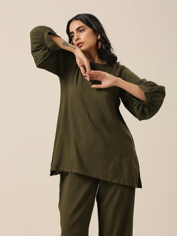 trueBrowns Olive Green Slub Texture Baggy Sleeve Co-Ord Set - Distacart