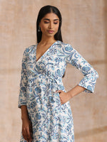 Thumbnail for trueBrowns White With Overall Blue Print Cotton Angrakha Kurta Pant Set - Distacart