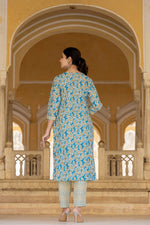 Thumbnail for Varanga Women Blue Round Neck Floral Printed Embroidered Kurta Paired With Bottom And Dupatta - Distacart