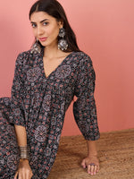 Thumbnail for InWeave Black Maroon Ajrakh Foil V Neck Flared Kurta Pant Set
