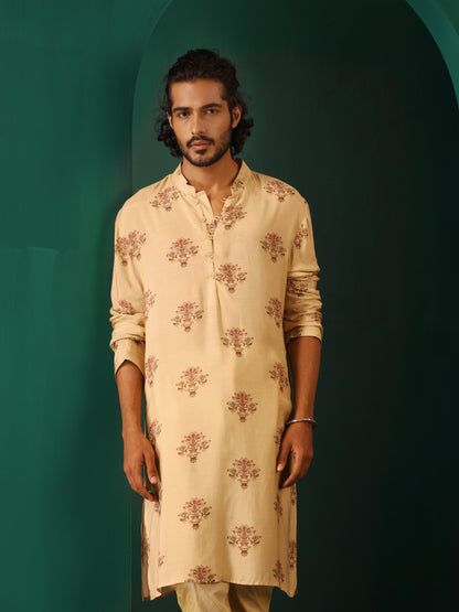 trueBrowns Men's Beige Floral Bunch Muslin Silk Printed Long Kurta - Distacart
