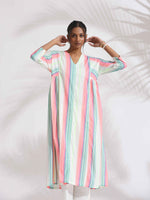 Thumbnail for trueBrowns Off-White Cotton Multi Stripe Flared Kurta Set