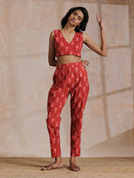 Thumbnail for trueBrowns Red On Red Ikat Print Cotton Pant Suit Set - Distacart