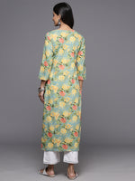 Thumbnail for Varanga Women Sea Green Floral Printed Mirror And Thread Embroidered Straight Kurta With Thtree Quarter Sleeves - Distacart