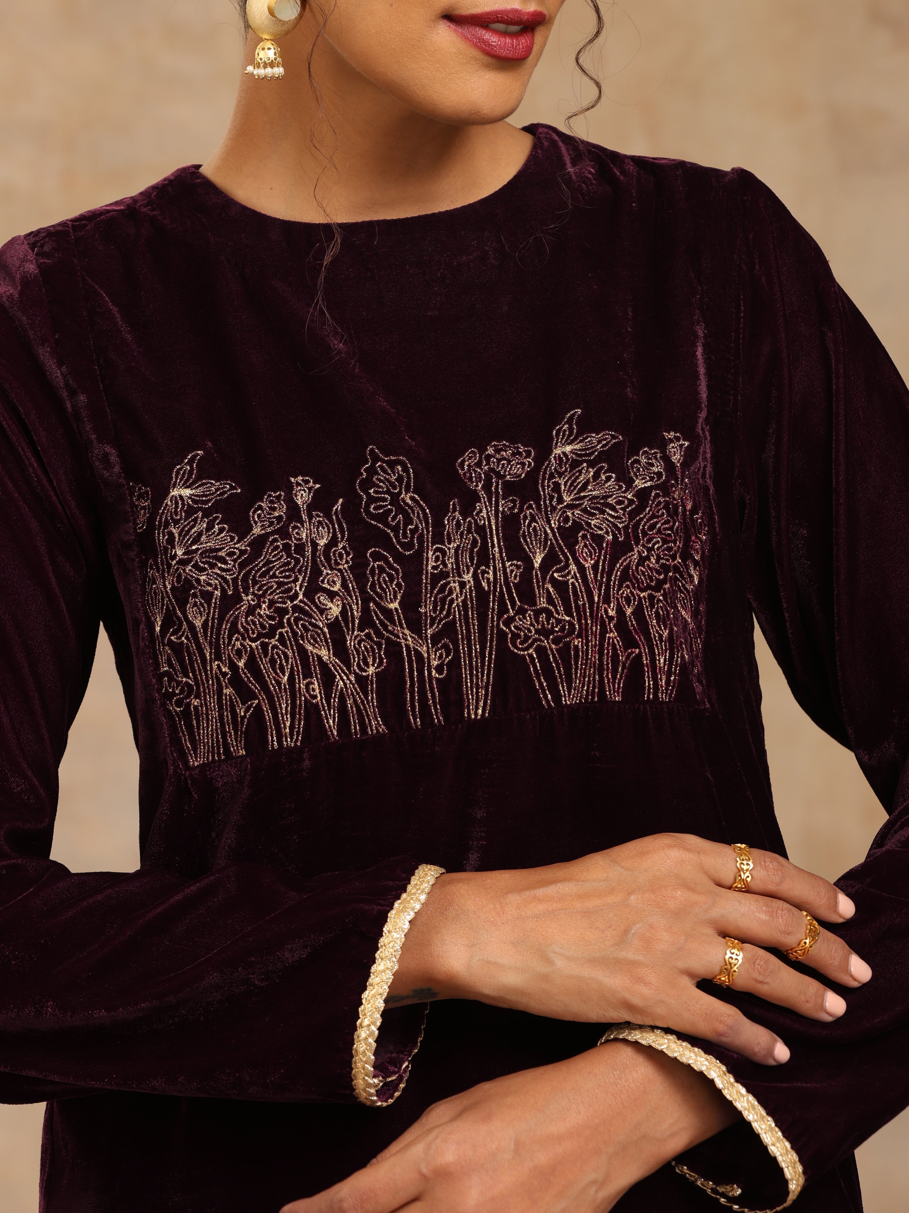 trueBrowns Wine Velvet Yoke Embroidered Kurta - Distacart
