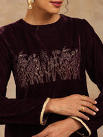Thumbnail for trueBrowns Wine Velvet Yoke Embroidered Kurta - Distacart