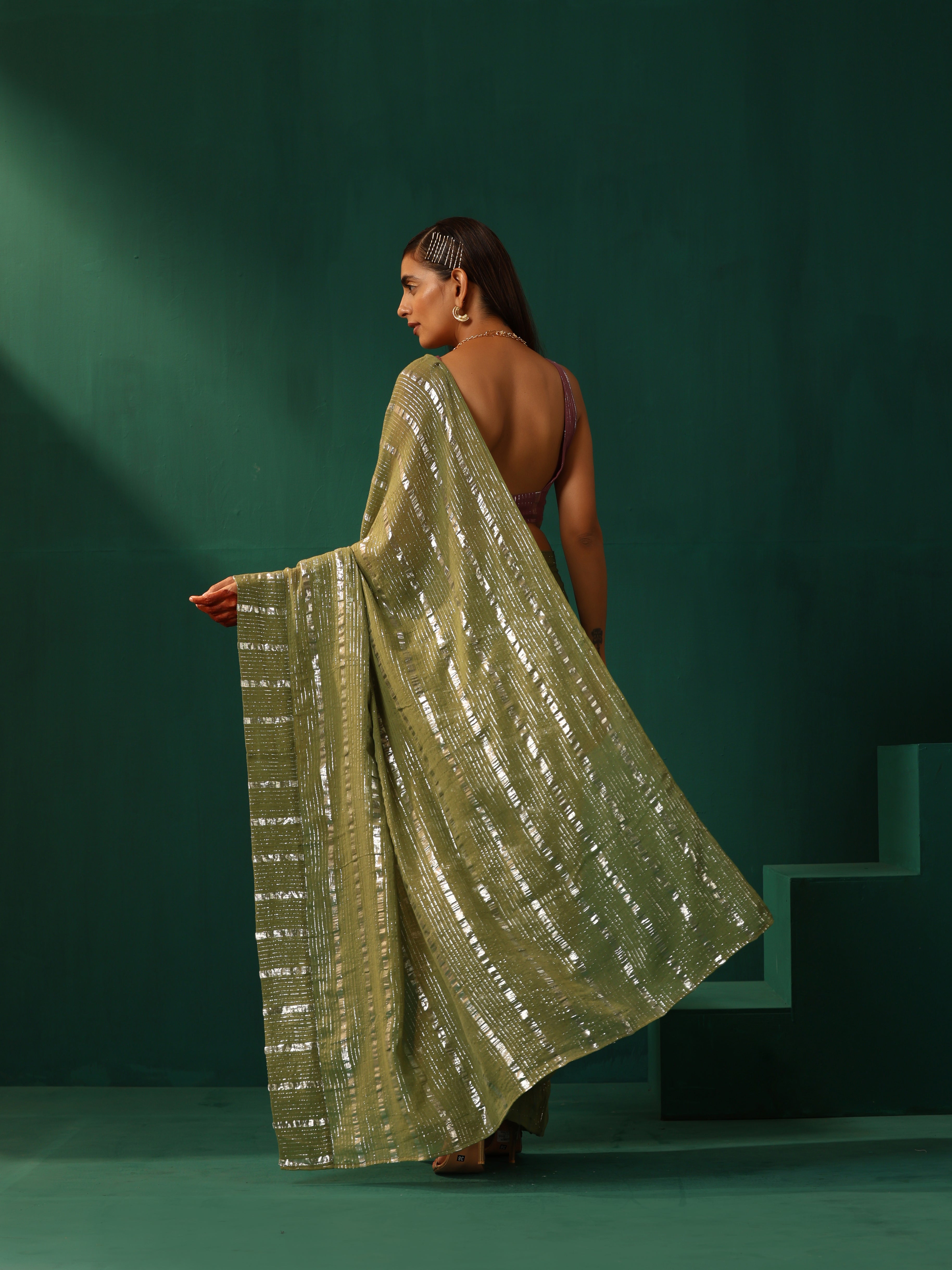 trueBrowns Sage Green Cotton Silver Lurex Striped Ready to Wear Saree - Distacart