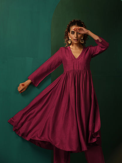 trueBrowns Maroon Silk Angrakha Kurta Pant Set - Distacart