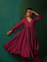 Thumbnail for trueBrowns Maroon Silk Angrakha Kurta Pant Set - Distacart
