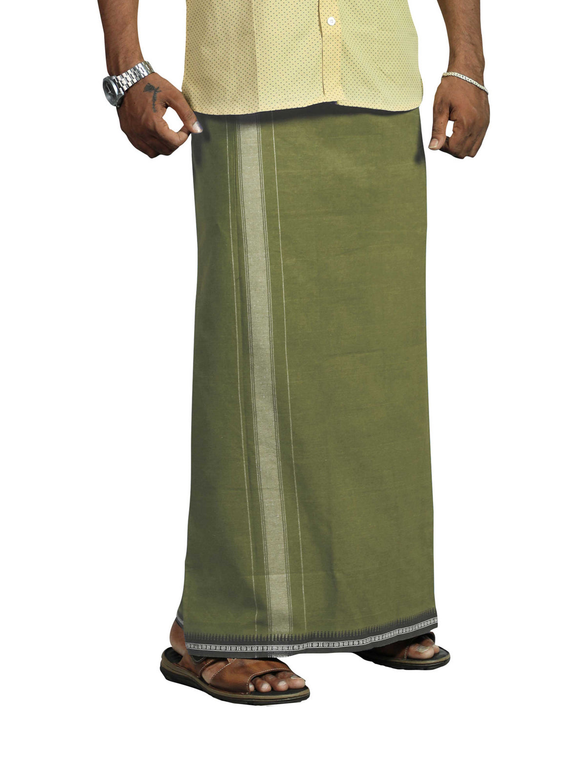 Prakasam Cotton Men's Mild Green Colour Kerala Thalapathi Border Welcro Pocket Dhoti