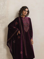 Thumbnail for trueBrowns Purple Velvet Floral Embroidered Kurta Pant Dupatta Set
