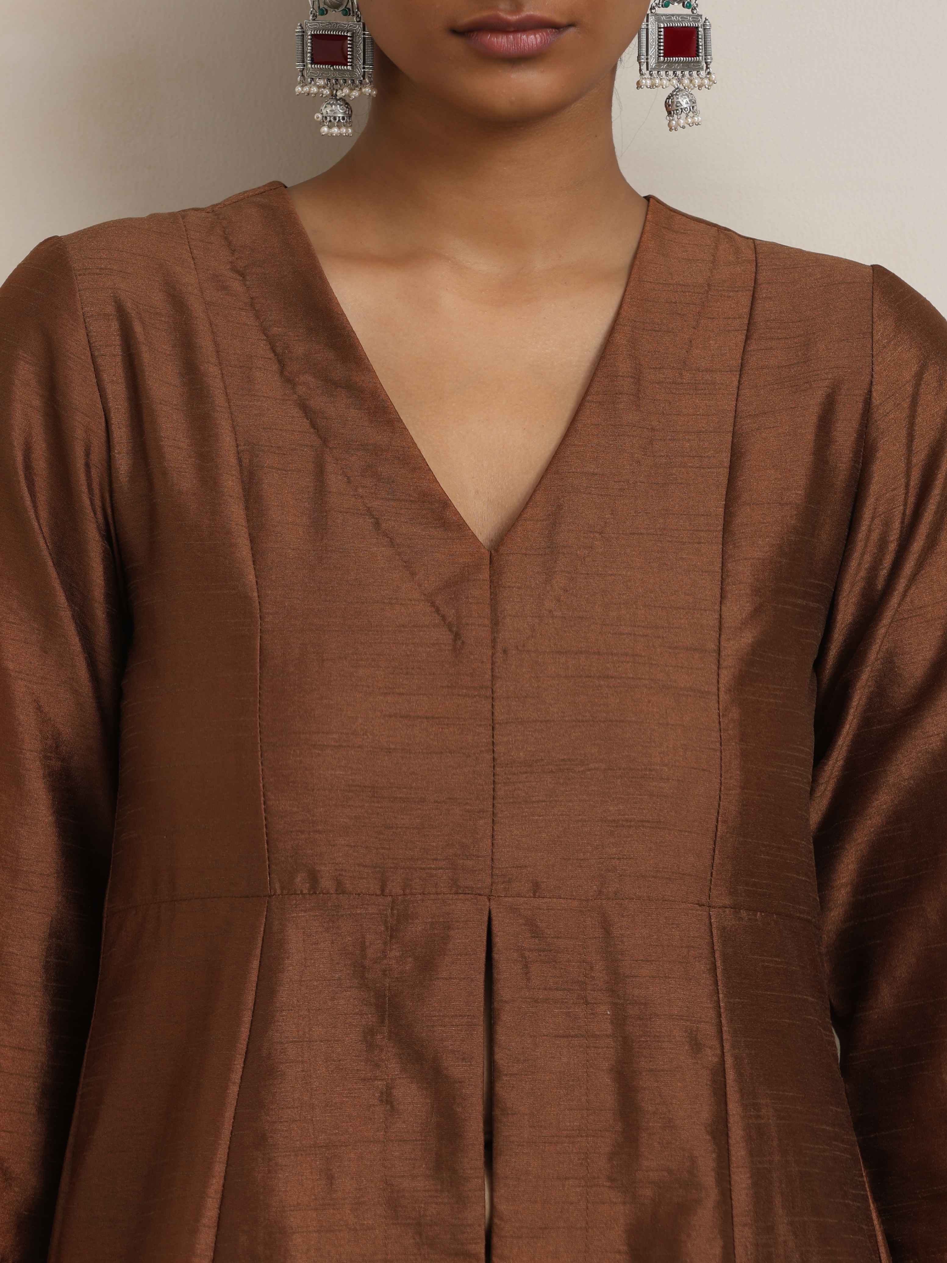 trueBrowns Brown Silk Slit Kurta Set - Distacart