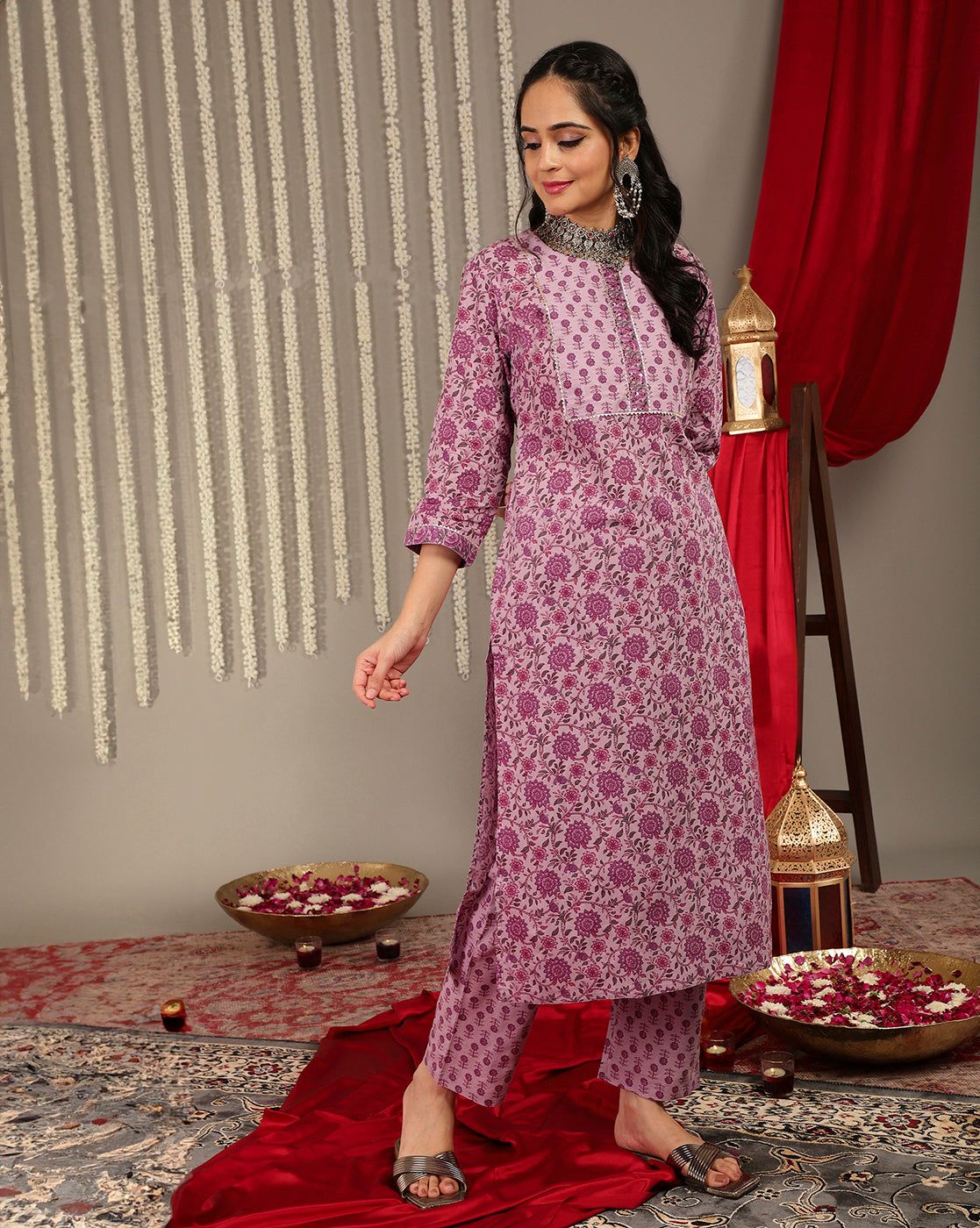 Varanga Women Purple Floral Printedstraight Kurta Paired With Tonal Printed Bottom And Dupatta - Distacart