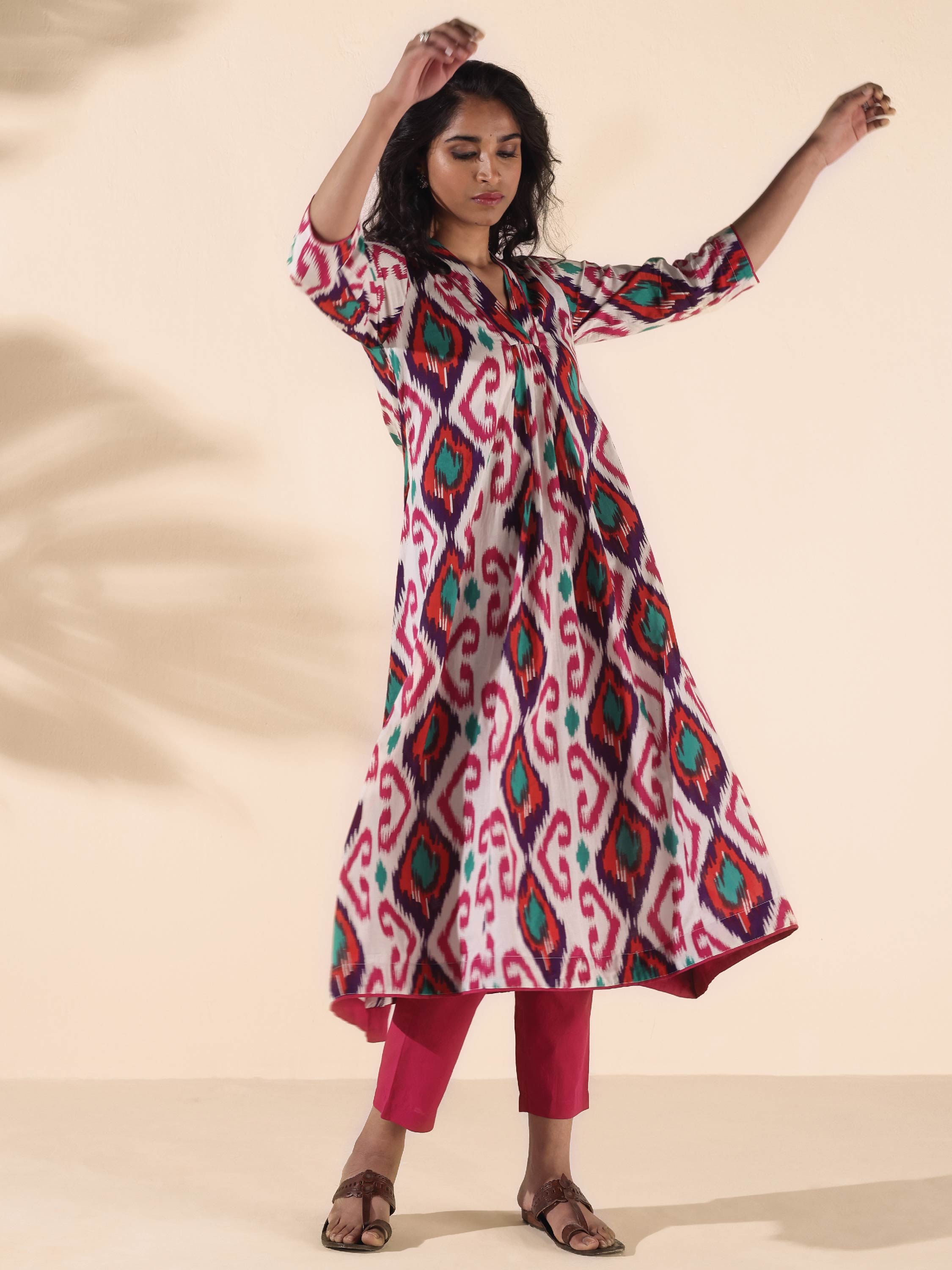 trueBrowns Pink Cotton Ikat Flared Kurta Pant Set - Distacart