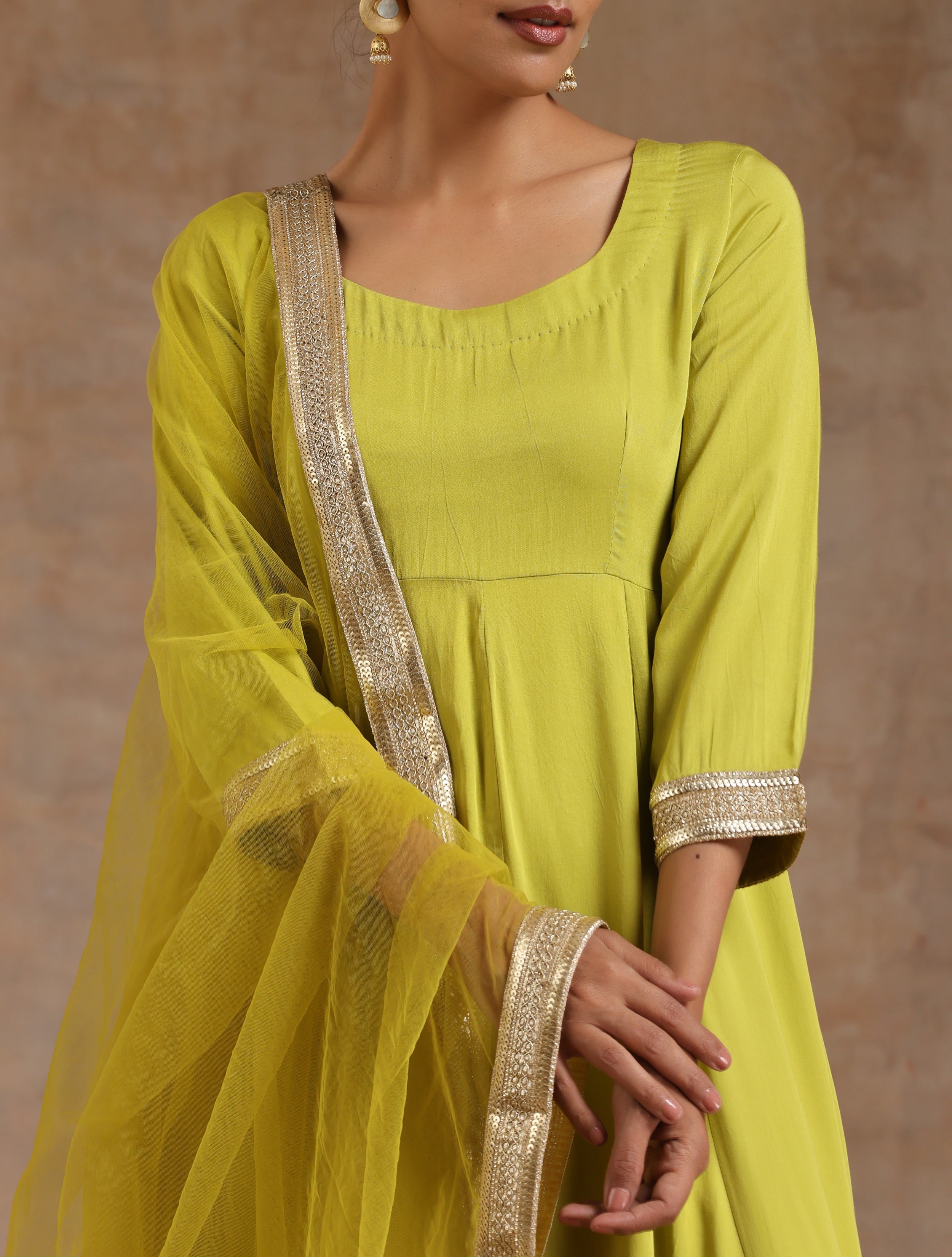 trueBrowns Lime Modal Satin Anarkali Set - Distacart