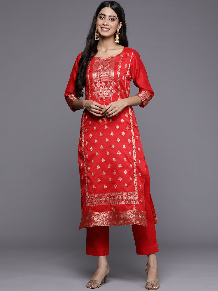 Ahalyaa Women Red Ethnic Motifs Kurta with Trousers - Distacart