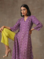 Thumbnail for trueBrowns Purple White Lehariya Printed Silk kurta Pant Set - Distacart