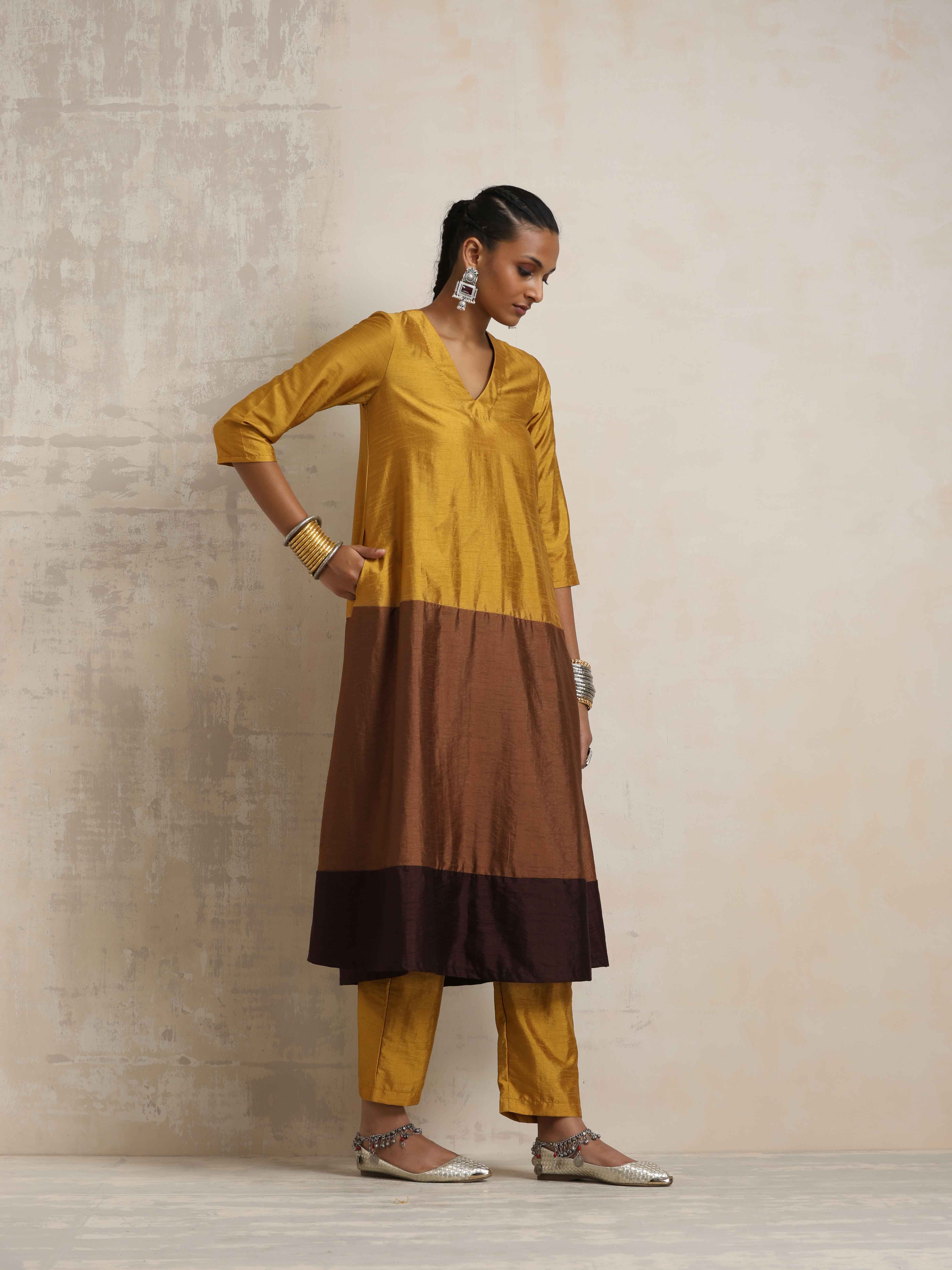 trueBrowns Gold Brown Silk A-line Kurta Set - Distacart