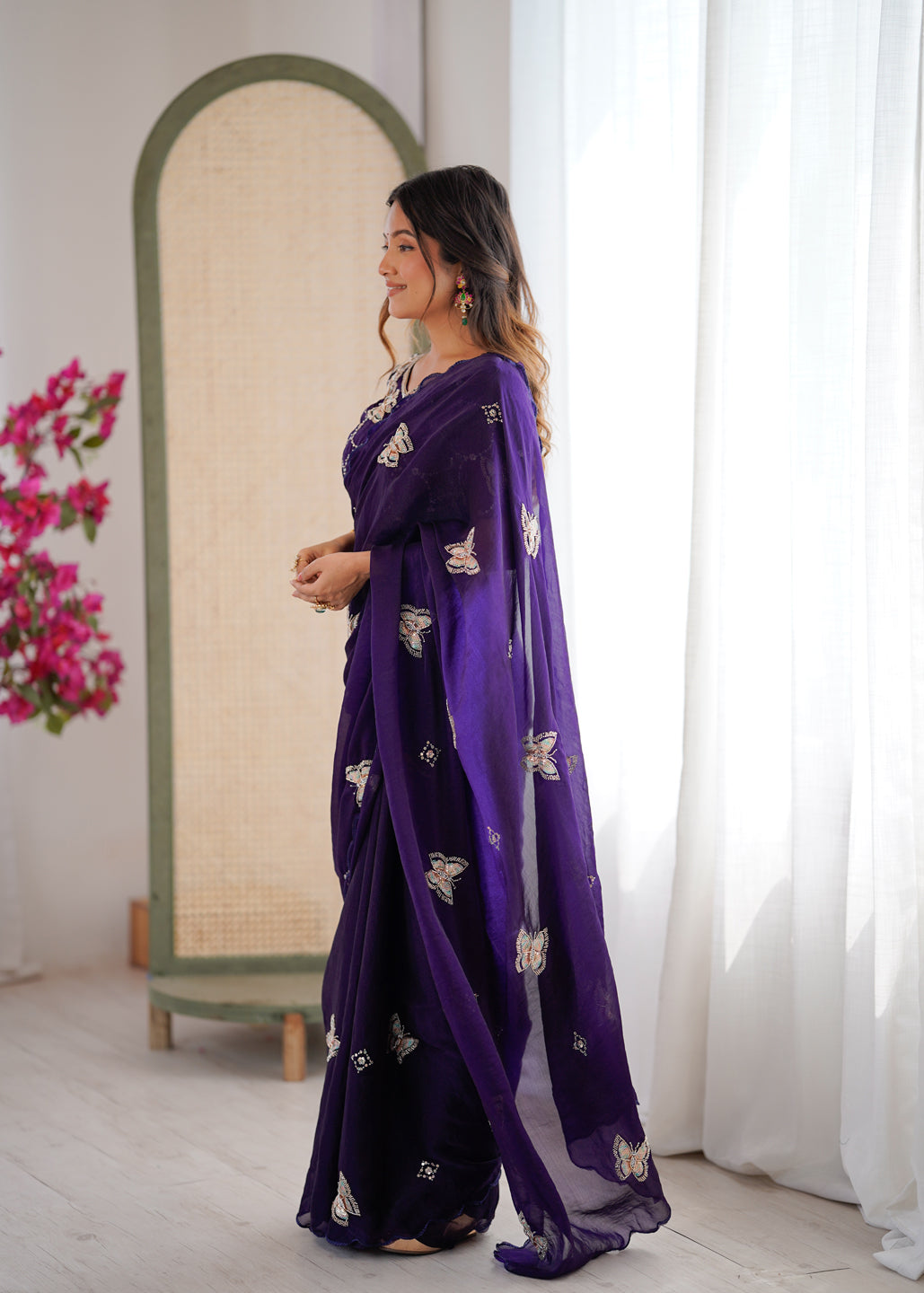 Evanik Purple Mos Silk With Handwork Butterfly Design Saree With Unstitched Blouse