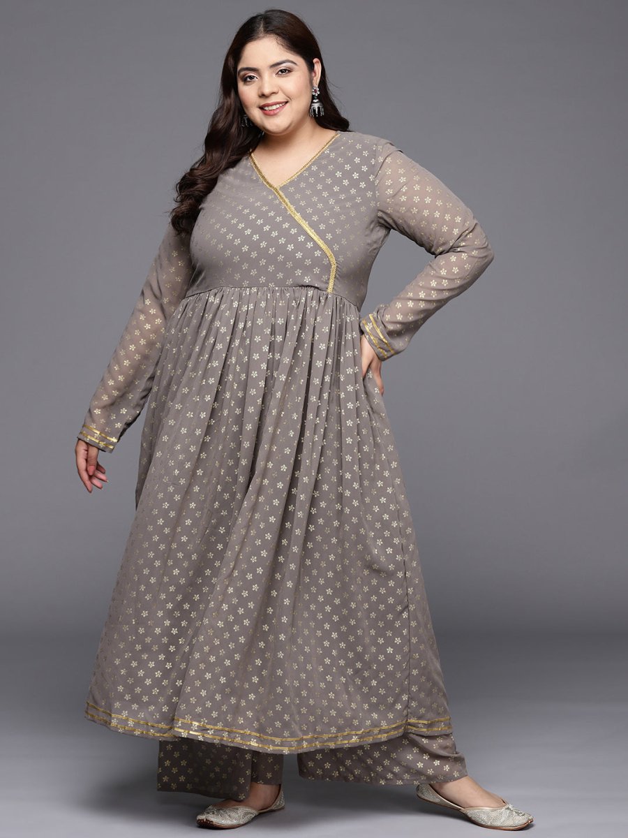 Ahalyaa Plus Size Floral Printed Zari Angrakha Kurta with Palazzos - Distacart